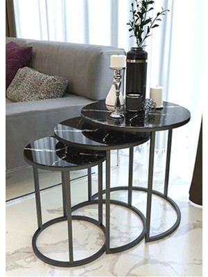 SEDAS LIVING UNITS 3'lü Siyah Mermer Cam Siyah Metal Sehpa