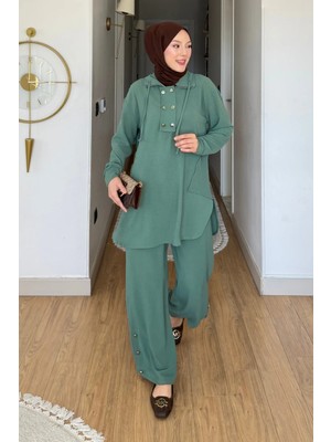 Tesettür Diyarı Tulas Aeorbin Kumaş Dik Yaka Tunik-Pantolon Tesettür Takım- Turkuaz