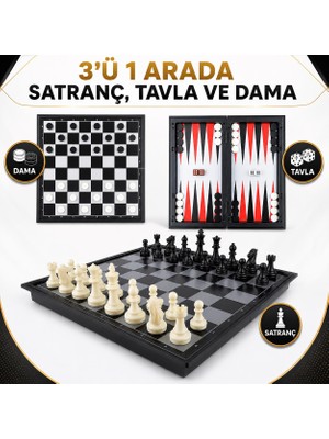 Elifeshop Yüksek Kalite Manyetik Satranç/dama/tavla 3’ü 1 Arada Katlanabilir Eğitici Zeka Oyunu Seti 32 cm