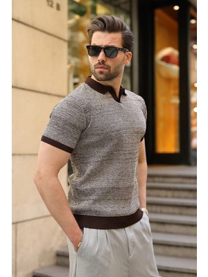 Madmext Kahverengi Polo Yaka Regular Fit Erkek Triko Tişört E7496