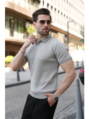 Madmext Gri Polo Yaka Regular Fit Erkek Triko Tişört E7496