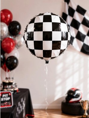 Parti Adresi Siyah Beyaz Dama Desenli Folyo Balon – Doğum Günü Parti Dekoru 45 cm