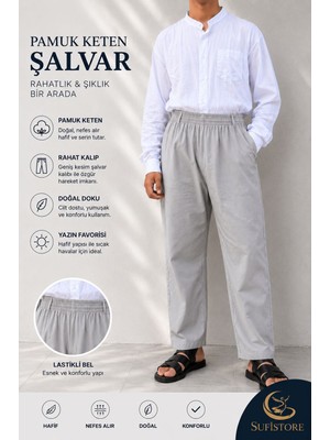 Sufi Store Erkek Rahat Kesim Beli Lastikli Cepli Hac ve Umre Pamuk Keten Şalvar Fermuar Cep