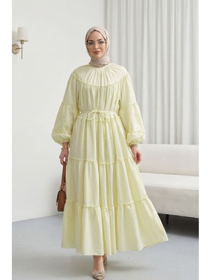 Moda Morfo Kolu Lastikli Beli Bağlamalı Katlı Fırfır Detaylı Elbise  -Açık Sarı