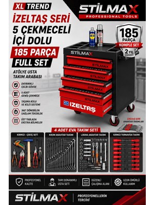 Stilmax 185 Parça Full Dolu Takım Arabası 5 Çekmeceli Alet Dolabı Izeltaş Anahtar Takımı Usta Servis Seti