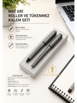 Kalemhane Mat Gri Kişiye Özel Lüks Kutulu Roller ve Tükenmez Kalem Seti