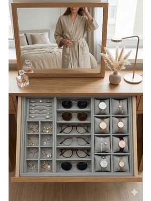 Empressco Jewelbox Xlarge 50X36,5 cm Gri Kadife Saat, Gözlük, Yüzük ve Küpe Takı Organizer Tablası - Fiyatı, Yorumları