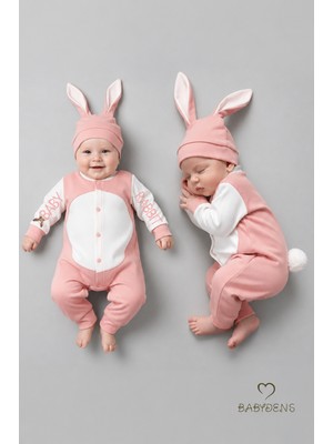 Babyden's Tavşan Kulaklı Yenidoğan Tulum Seti  %100 Pamuklu  Ayarlanır Ponponlu Unisex Bebek Tulum Şapka Set
