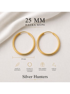Silver Hunters Gümüş Halka Küpe 25 mm 925 Ayar Gümüş Halka Gold(Altın) Renk Küpe 1 Çift(2 Adet)