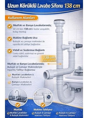 138 cm Uzun Körüklü Lavabo Sifonu, Esnek Gider Borusu, Çamaşır ve Bulaşık Makinesi Tahliye Bağlantılı, Kolay Montajlı Dayanıklı Plastik Lavabo Gider Hortumu