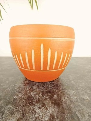 Ev Dekorasyon Dik Çizgi Desenli Terrakota Toprak Saksı Saksılık Salon Çiçeklik - 15 cm