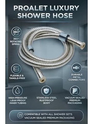 Lüks Duş Hortumu, 360 Derece Döner Spiral, Esnek, Paslanmaz Çelik, Vakumlu Ambalaj, Dayanıklı, Sızdırmaz, Banyo, Mutfak, Duş Seti Uyumlu, Yüksek Kalite (Alaşım Çelik, 2 M)
