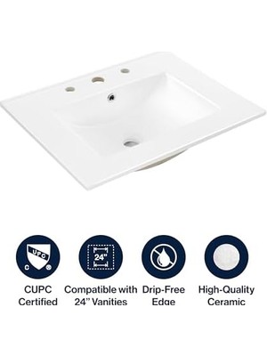 Y SNK1001A Yardımcı 3 Delikli 24 Inç G x 18 Inç D Klasik Dikdörtgen Seramik Tek Lavabo Lavabo Vanity Top, Beyaz