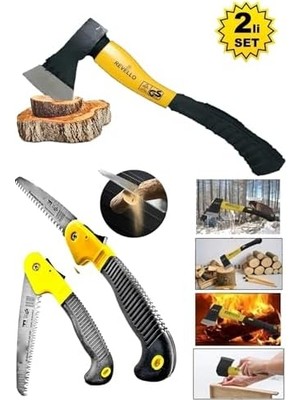 Trendy Pazars Kamp Odun Kesme İçin Fiber Saplı Balta Nacak 2'li Set El Testeresi Hafif ve Pratik Kullanım