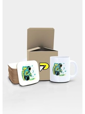 Astronot Barista Uzay Tasarımlı Baskılı Kupa Bardak Seti, Eğlenceli Özel Hediye Mug