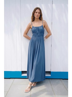 Sateen Askılı Uzun Elbise - Indigo