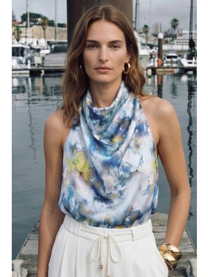 Sateen Kolsuz Desenli Bluz - Mavi