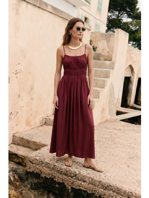 Sateen Askılı Uzun Elbise - Bordo