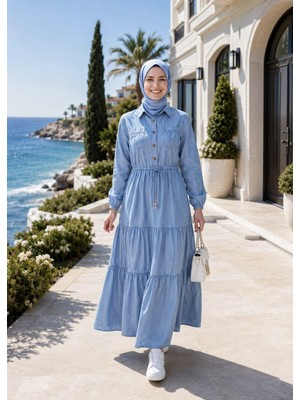 Harma Time Butik Kadın Düğmeli Cepli Bağcıklı Tensel Kumaş Açık Mavi Kot Elbise