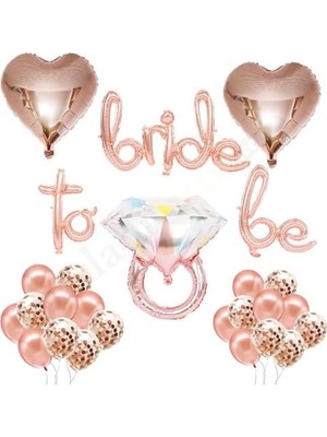 Patladı Gitti Bride To Be El Yazısı, Tek Taş Yüzük ve Kalp Folyo Balonlu Rose Set