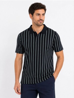 Marsilyan Erkek Pike Kumaş Çizgili Polo Yaka Tişört Kısa Kol Yazlık T-Shirt - Siyah