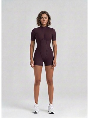 Lismina Kahverengi Sculpt Line Kısa Kollu Spor Tayt Şort Tulum