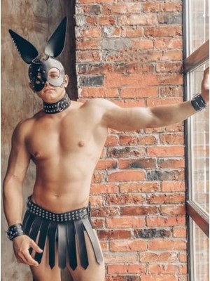 Sınırsızmarket Uniseks Deri Roma Gladyatör Etek Seti, Siyah, Dekorlu Tavşan Maske, Gotik Savaşçı Cosplay Festival Kostümü, Yetişkin, Ayarlanabilir Boyut