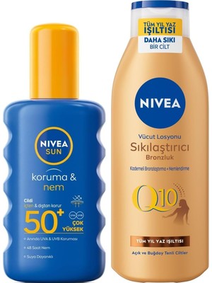 Sun SPF50 Güneş Koruyucu Vücut Spreyi 200ML ve Q10 Sıkılaştırıcı Bronzlaştırıcı Vücut Losyonu 250ML
