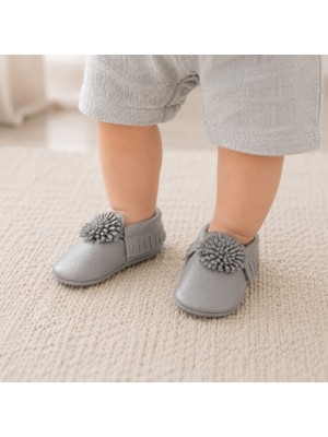 Banu’m Serisi Silver %100 Hakiki Deri Bebek Makoseni 12,5 cm İç Taban Yumuşak Taban İlk Adım Ayakkabısı Gri 6-9 Ay