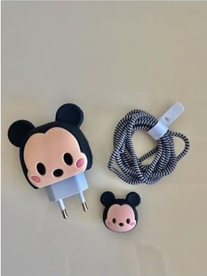 18W-20W Şarj Adaptörü ile ile Uyumlu Micky Mause Şarj Başlığı ve Şarj Kablo Koruyucu Set