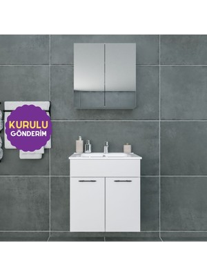 Regnum 65 cm Etajerli Lavabolu Banyo Dolabı Takımı Parlak Beyaz MDF Lam