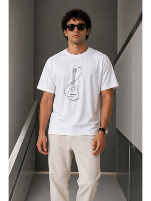Marsilyan Erkek Minimal Gitar Baskılı Tişört T-Shirt Yazlık Kısa Kol Bisiklet Yaka T-Shirt - Beyaz