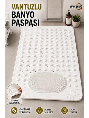 MAİN SHOP 1 Adet Beyaz Renk Silikon Kaymaz Tabanlı Banyo Paspası Duş Kaydırmazı Vantuzlu 36 x 69,5  cm M-162