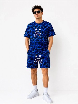 Marsilyan Erkek Oversize Kalıp Pubg Bape x Shark Nakışlı Cepli Şort Takım - Mavi