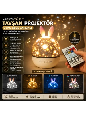 GreaTech Müzikli Çocuk Tavşan Projektör Uyku Gece Lambası Yıldızlı Gökyüzü Projektörü Uzaktan Kumandalı LED