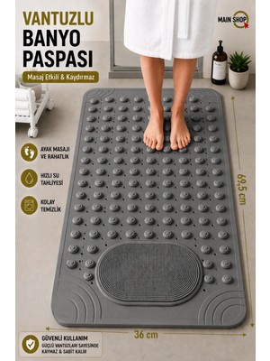 MAİN SHOP 1 Adet Gri Renk Silikon Kaymaz Tabanlı Banyo Paspası Duş Kaydırmazı Vantuzlu 36 x 69,5  cm M-162