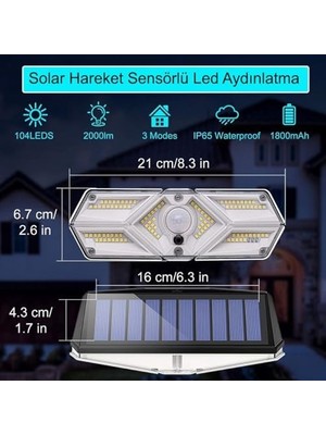 Güneş Enerjili Hareket Sensörlü, 6 Taraflı 104 LED AYDINLATMA/GT-SL13
