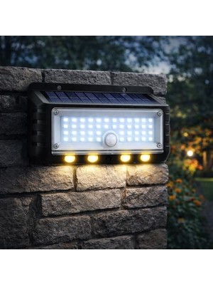Panter Solar Hareket Sensörlü LED Duvar Lambası 3W 44 Smd Beyaz + 4 Gün Işığı Led, 300 Lümen, IP65 Su Geçirmez, 3 Modlu Güneş Enerjili Aplik, Balkon ve Bahçe Aydınlatması