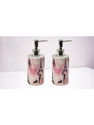 Seti Seramik Sıvı Sabunluk 2 Adet Kızlı Paris Desenli 7X7X18CM 320ML