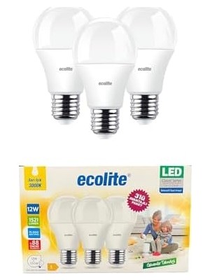 12W LED Ampul 3'lü Paket – 1521 Lümen, 100W Eşdeğer, E27 Duy, 3000K Sarı Işık, Opal Cam,%88 Enerji Tasarrufu, 15000 Saat Ömür