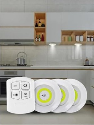 Hero 3’lü Kablosuz LED Spot Işık Seti – Uzaktan Kumandalı, Yapışkan Bantlı, Pilli, 3W Cob Led, 150 Lümen, 2 Parlaklık Seviyesi, Zamanlayıcılı Dolap Tezgah Banyo Aydınlatmas