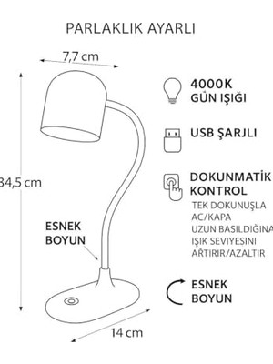 Şarjlı Masa Lambası 360° Hareketli 4000K Dimmerli Dokunmatik Işık Şiddeti Kısılıp Açılarak Ayarlanabilir (Siyah)
