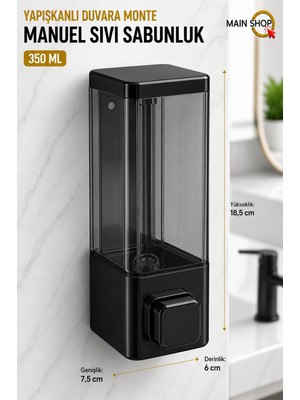 MAİN SHOP Duvara Monte Sabunluk Delme Gerektirmez Şeffaf Hazneli Basmalı Sıvı Sabunluk 350 ml 1 Adet M-53