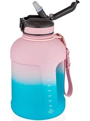 1700ML Çift Renk Pipetli Taşıma Askılı Kulplu Softtouch Motivasyon Su Matarası (Pembe-Mavi)