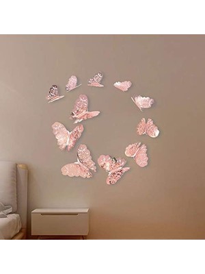 Ev Dekorasyon 3D Metalik Bakır Renk Oyma Pvc Kelebek 12 Li Süsleme Model Q3