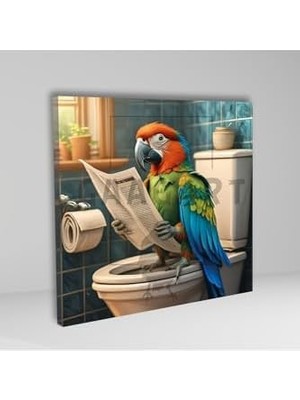 Tekli Kare Kanvas Banyo Tablosu Gazete Okuyan Renkli Papağan, 50 x 50