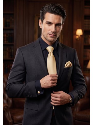 Exve Exclusive Siyah Duble Manşet Slim Fit Gömek ile Bej Kravat, Kol Düğmesi ve Mendil 4'lü Hediyelik Kutulu Set