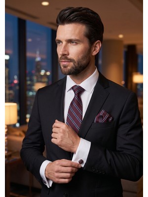 Exve Exclusive Beyaz Duble Manşet Slim Fit Gömek ile Bordo Kravat, Kol Düğmesi ve Mendil 4'lü Hediyelik Kutulu Set