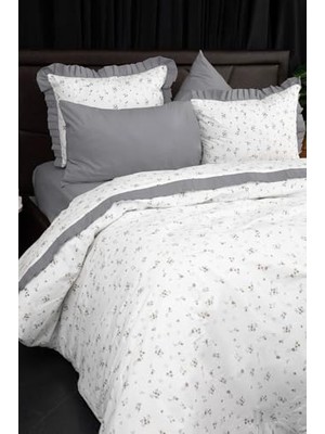 Premium Çift Kişilik Fırfırlı Nevresim TAKIMI,%100 Pamuk, Çiçek Desenli, Gri-Beyaz