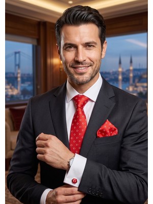 Exve Exclusive Beyaz Duble Manşet Slim Fit Gömek ile Türk Bayraklı Kravat, Kol Düğmesi ve Mendil 4'lü Hediyelik Kutulu Set